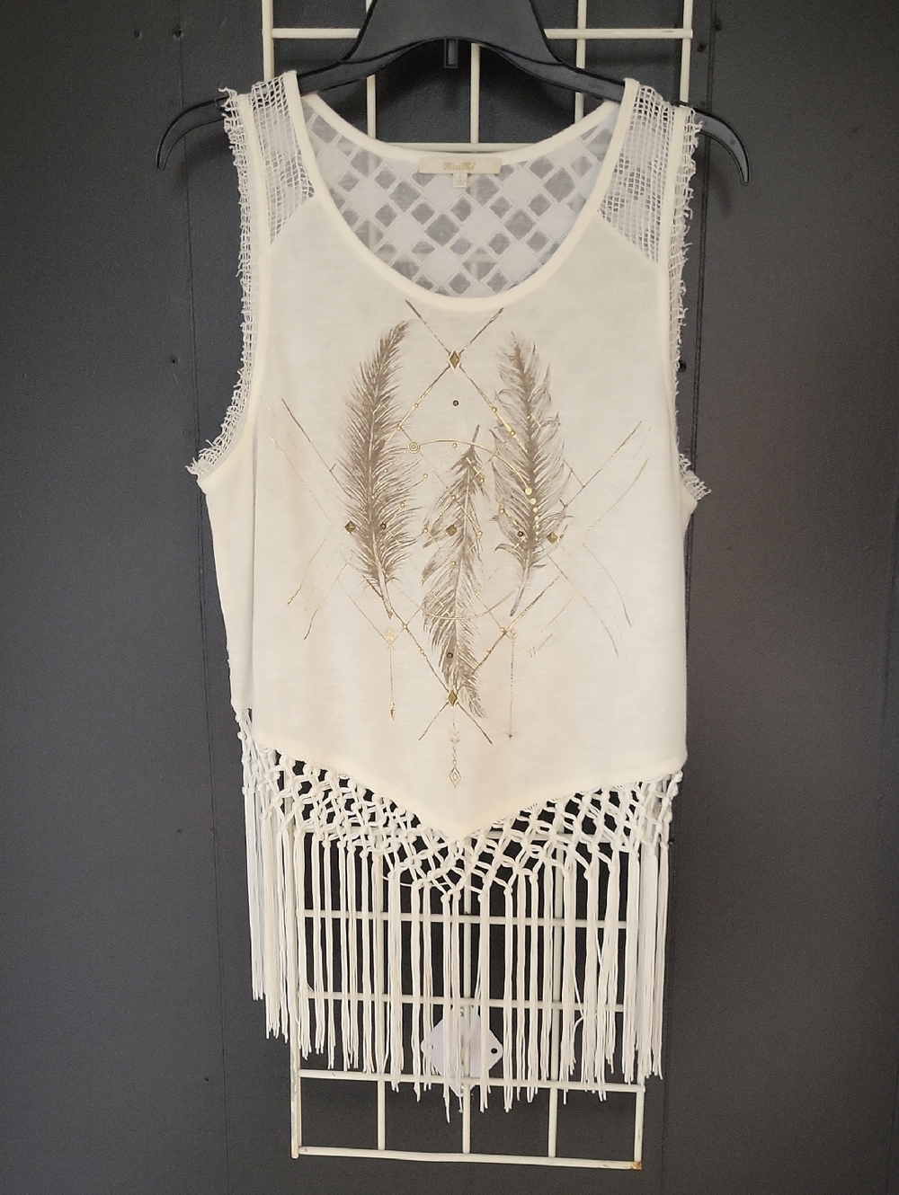 Miss Me White Fringe Tank with Gold Feather Motif